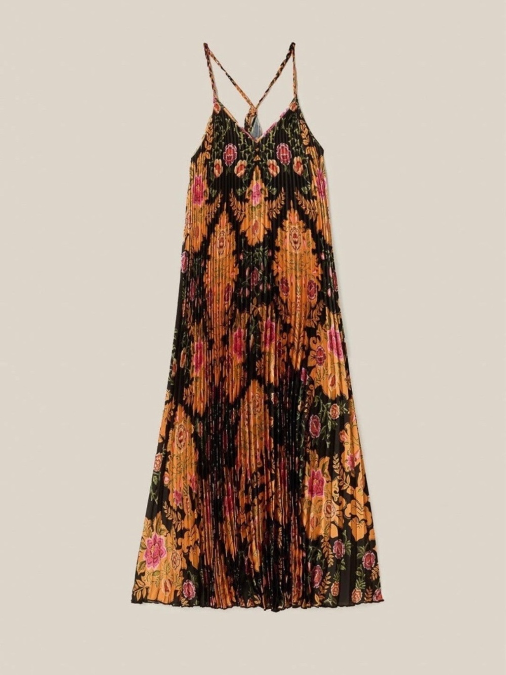 FARM Rio Black Arabesque Floral Pleated Midi Maxi Dress Size XS